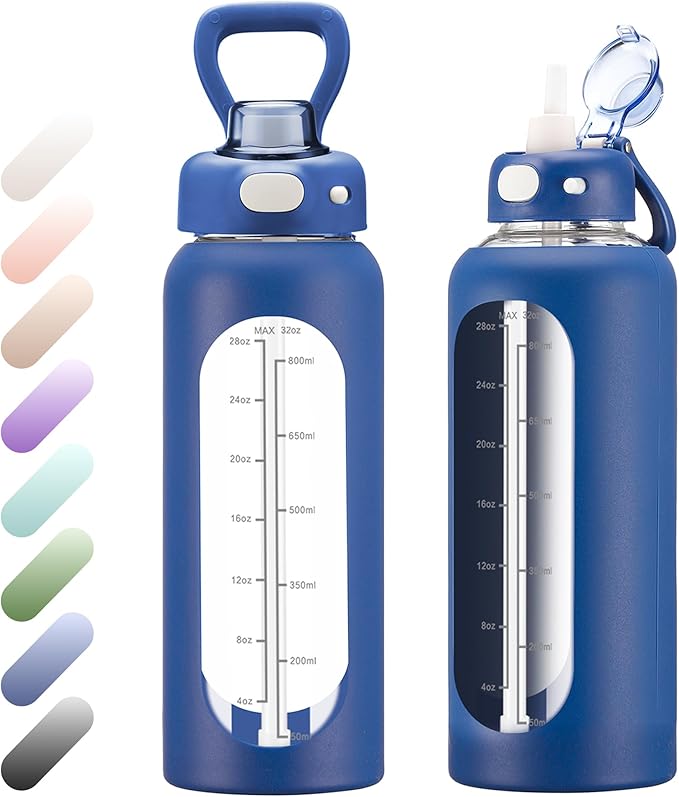 SIEROZUR 32 oz Glass Water Bottle with Straw and Handle 1 Liter Glass Water Bottle with Silicone Sleeve and Time Marker Sports Water Jug Wide Mouth for Travel Gym