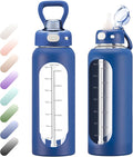 SIEROZUR 32 oz Glass Water Bottle with Straw and Handle 1 Liter Glass Water Bottle with Silicone Sleeve and Time Marker Sports Water Jug Wide Mouth for Travel Gym