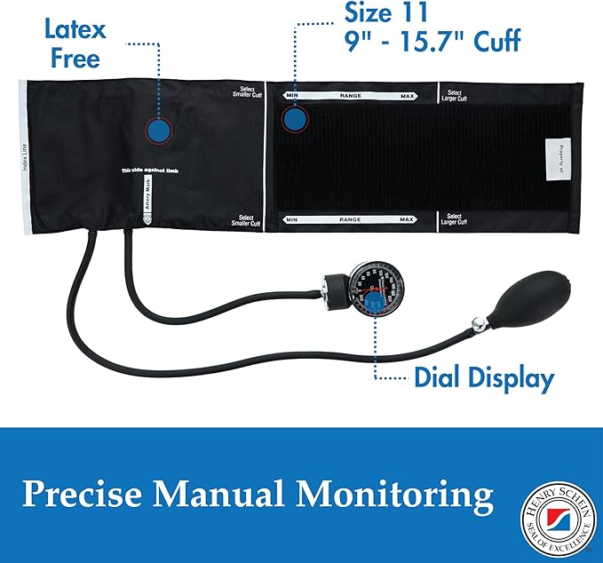 Adult Pro Aneroid Sphygmomanometer – Size 11 (9"–15.75") Black Cuff, Manual Blood Pressure Monitor, Reusable, Dial Display, Includes Leatherette Carrying Case – 1 Count