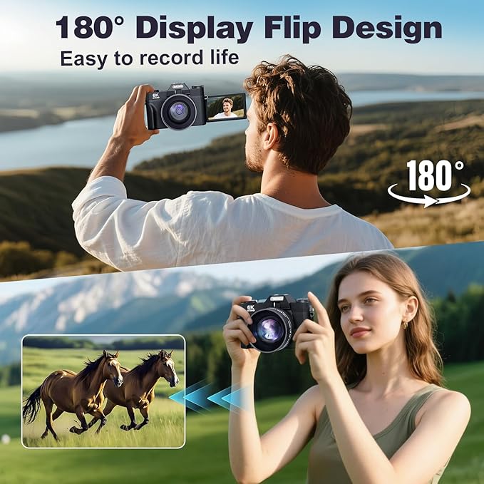 6K 64MP Digital Camera for Photography Vlogging Camera for YouTube, 180° Flip Screen, 16X Zoom Autofocus, Compact Travel Beauty Camera for Teens, 2 Batteries, with 52mm Lens, 32GB SD Card