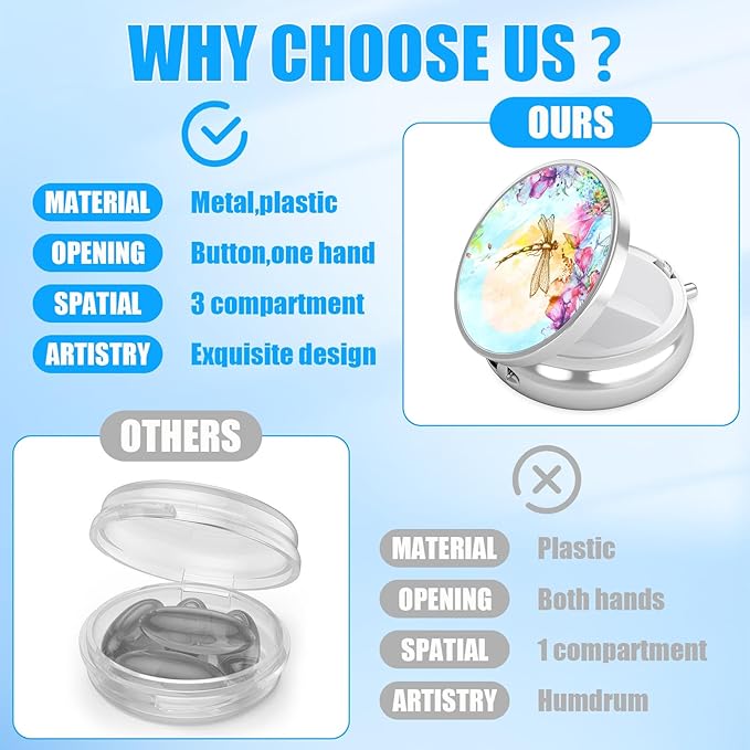 Watercolor Dragonfly Pill Case, Pill Box 3 Compartments Metal Small Pill Holder with Mirror Mini Travel Pill Container for Purse Pocket Women Men