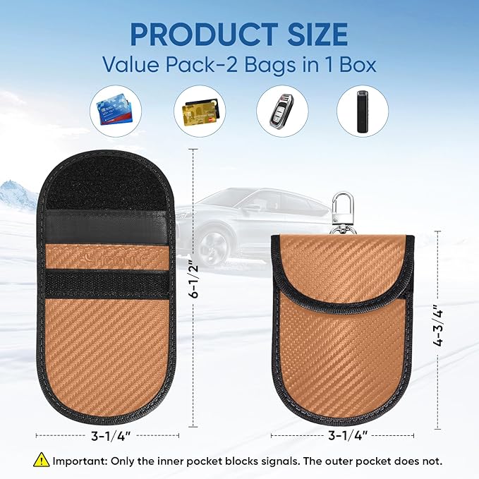 TICONN 2PK Faraday Bags for Car Keys Fob, 3.25"X4.75" Faraday Cage Protector, Car RFID Signal Blocking, Anti-Theft Pouch Anti-Hacking Case Blocker (Bronze, S)