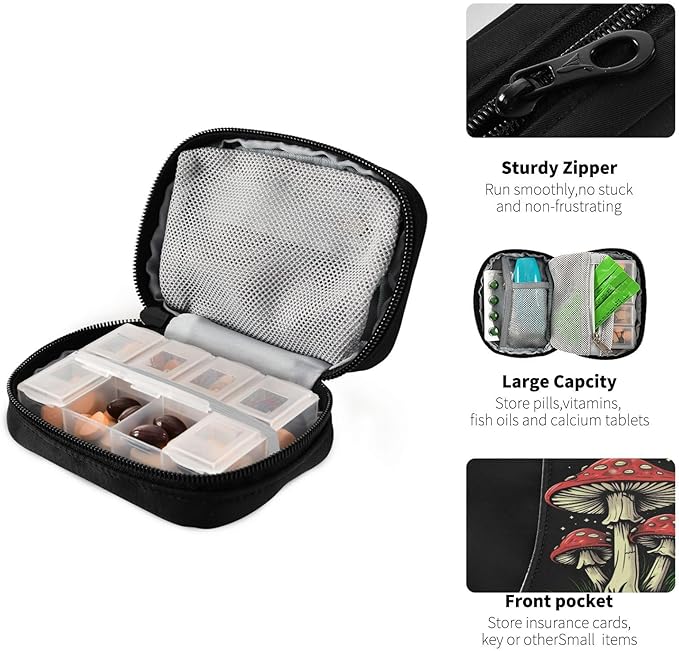 Mushroom Pill Box 7 Day Pill Case Travel Pill Organizer Bag Container for Medicine with Zipper Portable Weekly Case Compact Size for Medicine, Vitamin, Supplement