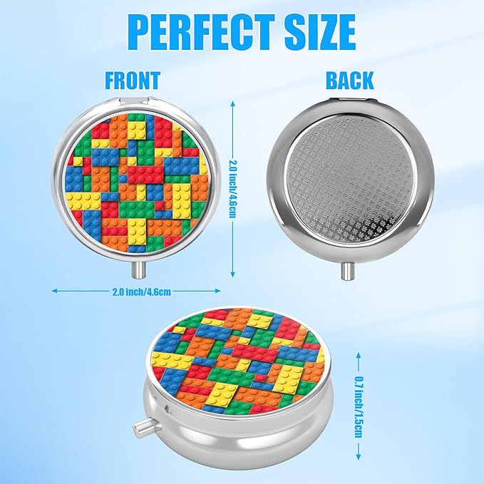 Building Blocks Pill Case, Pill Box 3 Compartments Metal Small Pill Holder with Mirror Mini Travel Pill Container for Purse Pocket Women Men