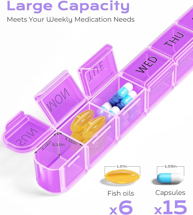 Daviky Weekly Pill Organizer, Large 7 Day Pill Box, Travel Pill Case, Daily Pill Dispenser for Vitamins, Medicines, Supplements, and Fish Oil(Purple)