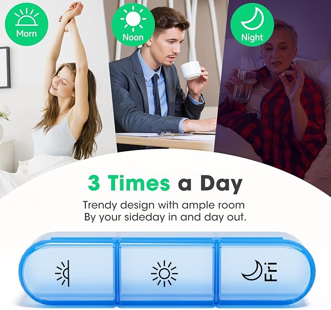3 Times a Day Pill Organizer - 7 Day Portable Weekly Pill Box, Travel Pill Case with Snap-Locked Compartments, BPA-Free for Vitamins & Medication(Black)