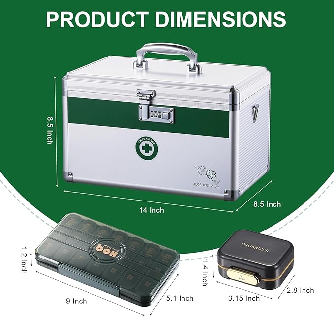Medicine box with lock 14x8.5x8.5 Inches [Large], Medication Lock box ，First Aid Key Safe Box with Lock, Medical Box Organizer