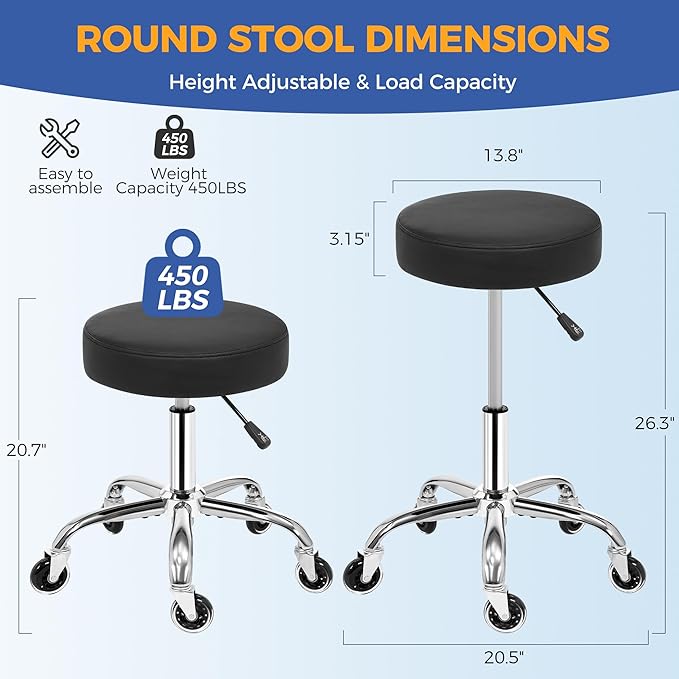 ANWBROAD Round Rolling Stool with Wheels Height Adjustment 360° Swivel Stool Heavy Duty Wide Chair PU Leather Soft Seat Cushion for Massage, Salon, Bar, Home, Office, Tatoo, Medical, Black UWSC001B