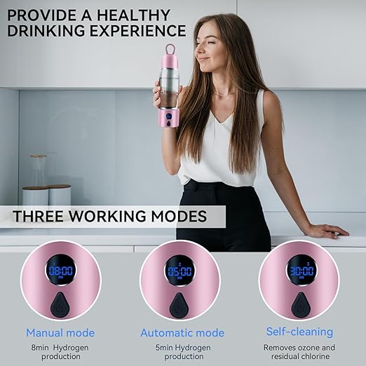Hydrogen Water Bottle with Three Modes Produces 5000 PPB of Hydrogen Water in 8 Minutes,Made of Aluminium and Glass,with Colorful Light,Rechargeable for Travelling,Office,Home
