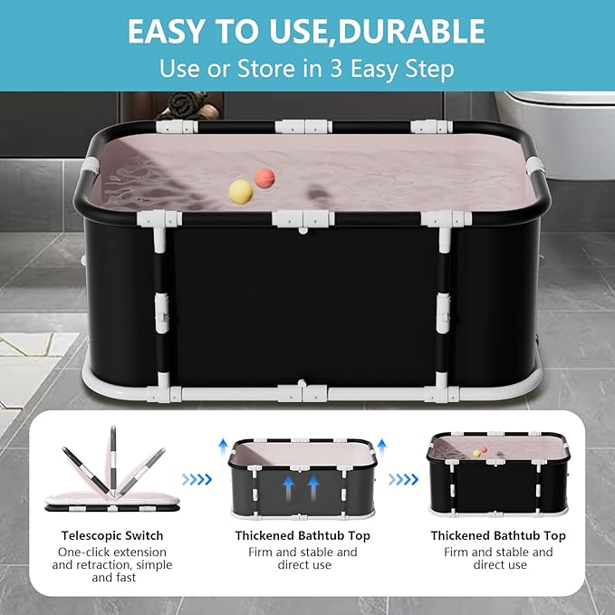 Simcat 45" Large Portable Foldable Bathtub with Metal Frame for Adult (1.2 meters pure black includes cushion and drain pipe)