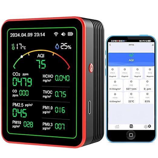 WiFi Air Quality Monitor,15-in-1 Smart Air Quality Tester with PM, CO2, CO, TVOC, HCHO, PM, AQI, Temperature & Humidity, Timer, Battery Powered, for Home & Office，Compatible Tuya/Smart Life App