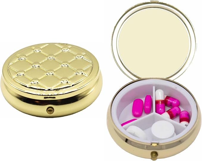 Set of 2 Circular Embossed Triple-Compartment Pocket Purse Pill Box & Organizer (Gold Hearts)