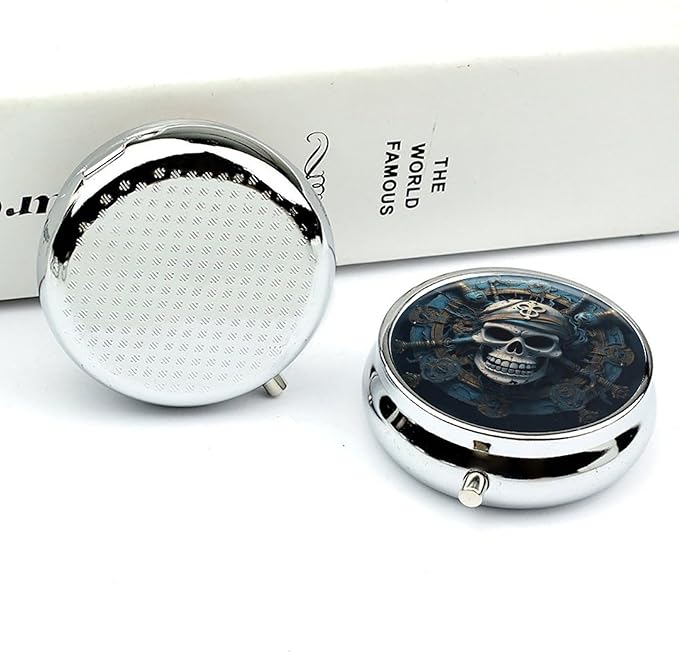 Skeleton Pirate-1 Pill Box Travel Pill Case for Purse Pocket Weekly Medicine Organizer with Mirror 3 Compartment Round Medicine Case Portable PillcaseHolder for Daily
