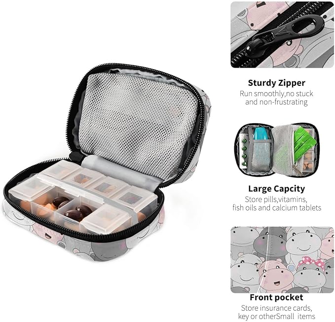 Pill Box Hippo Cartoon 7 Day Pill Case Travel Pill Organizer Bag with Zipper Portable Weekly Vitamin Medicine Supplement Holder Pouch Bag