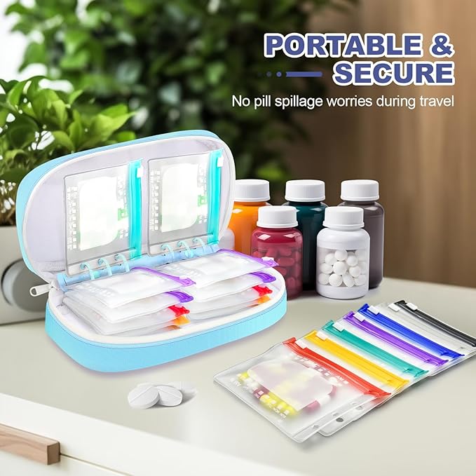 Weekly Pill Organizer 2 Times a Day - Timueetech A6 Waterproof 14 Pill Pouch Bags for Travel, BPA-Free Medicine Storage with Labels & Self-Sealing Design for Vitamins and Supplements, Blue