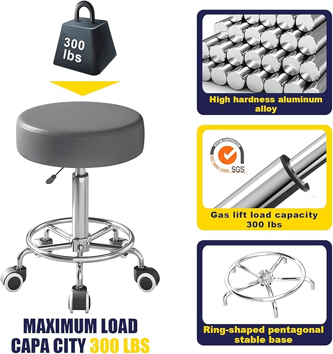 Rolling Stool, Heavy Weight Capacity 250lb, PU Leather Rolling stools, Ultra Soft Padded Seat, Rolling Stools with Wheels and Footrest, 360° Swivel, Spa Drawing Salon Work Office Tattoo Stool (Grey)