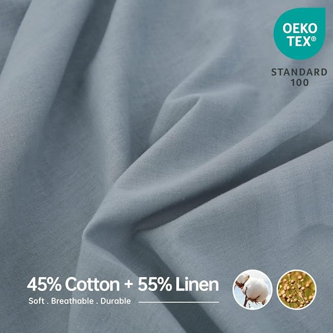 Simple&Opulence Belgian Linen Sheet Set Solid Color - 4 Pieces (1 Flat Sheet, 1 Fitted Sheet & 2 Pillowcases) Natural Flax Cotton Blend Soft Breathable Farmhouse Bedding - California King, Dusty Blue