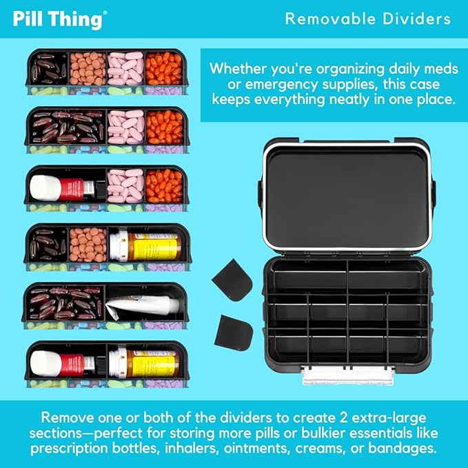 20 Compartment Large Pill Case with Airtight Seal - Silicone Gasket Waterproof Med Box with Medication Map (Black Combo Pack - 20 & 12)