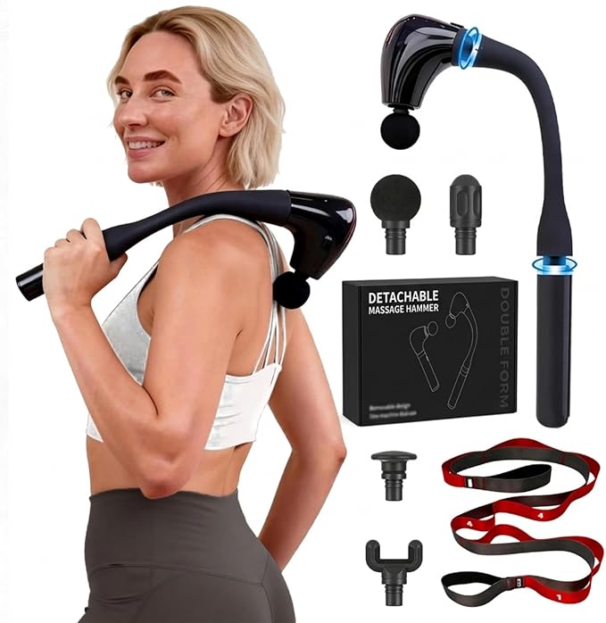 2-in-1 Massage Gun Deep Tissue with 20'' Extension Handle & Stretching Strap, Neck Massager for Pain Relief, Handheld Percussion Massager for Back, Shoulder, Leg, Waist