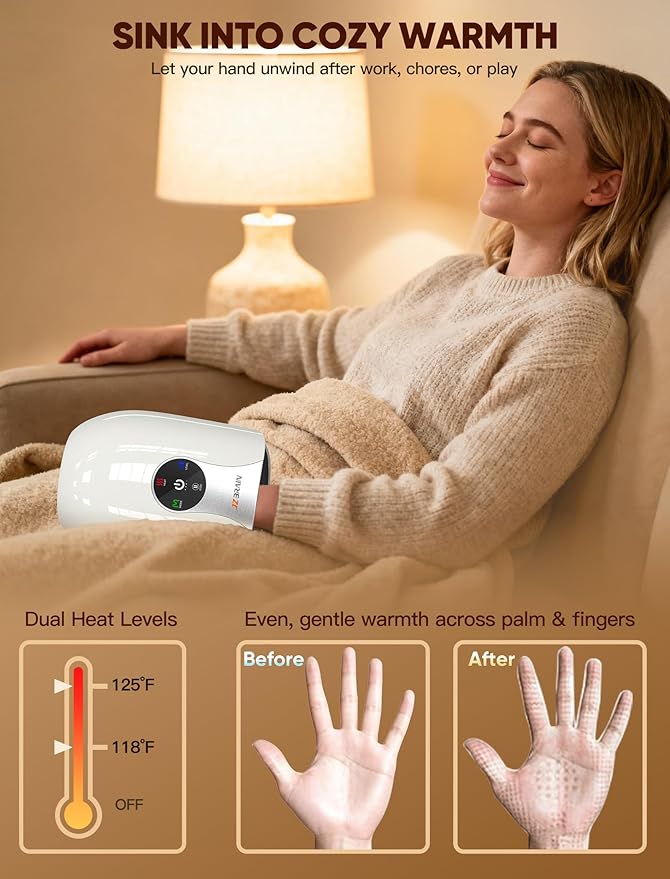 Hand Massager with Heat and Compression : Cordless Heated Hand and Wrist Massager for Palm, Fingers, and Comfort Relief – 4 Modes 6 Intensities, Portable Rechargeable, Wife Husband (White)
