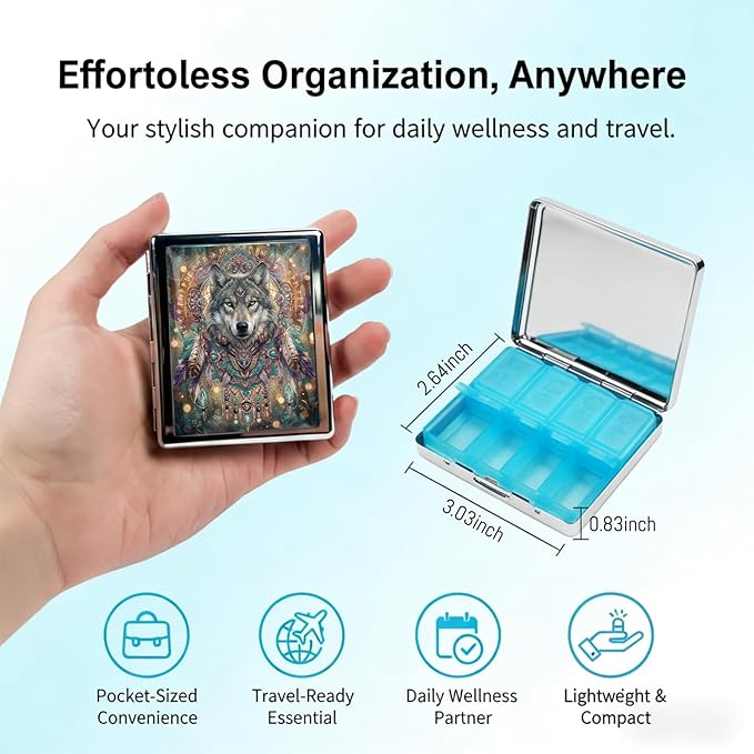 Metal 7 Day Pill Organizer, Weekly Pill Case 8 Compartments, Travel Pill Box for Purse & Pocket, Small Medicine & Vitamin Organizer, PP Dividers, Secure Clasp (Mystic Wolf)