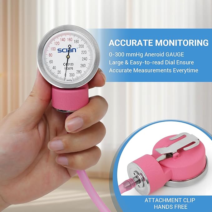 SCIAN Manual Blood Pressure Cuff - Aneroid Sphygmomanometer with European Cuff 8.7-16.5" and D-Ring, Come with Carrying Bag for Nurse Doctor Senior Adult, Pink