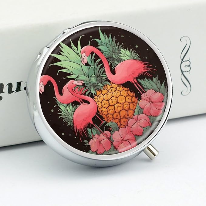 Pineapple Flamingos Pill Box Travel Pill Case for Purse Pocket Weekly Medicine Organizer with Mirror 3 Compartment Round Medicine Case Portable PillcaseHolder for Daily