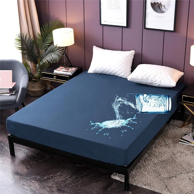 NTBED Waterproof Mattress Protector Cover Queen Size 14 inches Deep Pocket Polyester Bed Pad Cover Solid Color Fitted Sheet (60‘’x80‘’ (Dark Blue, Queen)