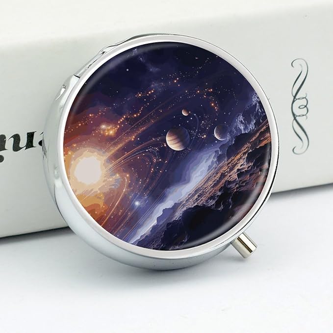 Outer Space Galaxy Universe Pill Box Travel Pill Case for Purse Pocket Weekly Medicine Organizer with Mirror 3 Compartment Round Medicine Case Portable PillcaseHolder for Daily