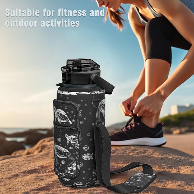 Sea Turtle Half Gallon Water Bottle with Sleeve 64 OZ -Flip Top Bpa Free - Motivational Time Marker Leakproof Water Jug - Sea Turtle Lover for Gifts Women Men