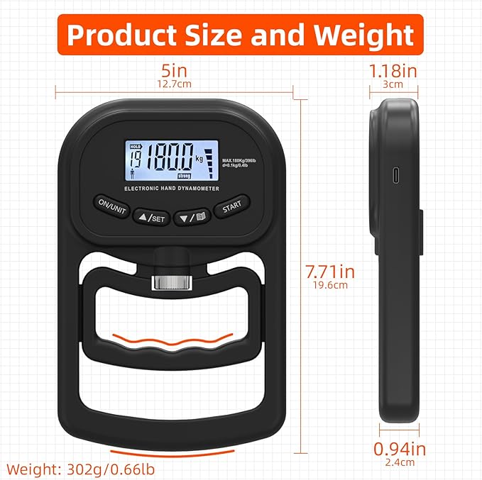 396lbs / 180kg Grip Strength Trainer, Rechargeable Electronic Hand Dynamometer, Digital Grip Strength Tester with LCD Display, Adjustable Hand Grip Dynamometer Hand Exercisers for Strength