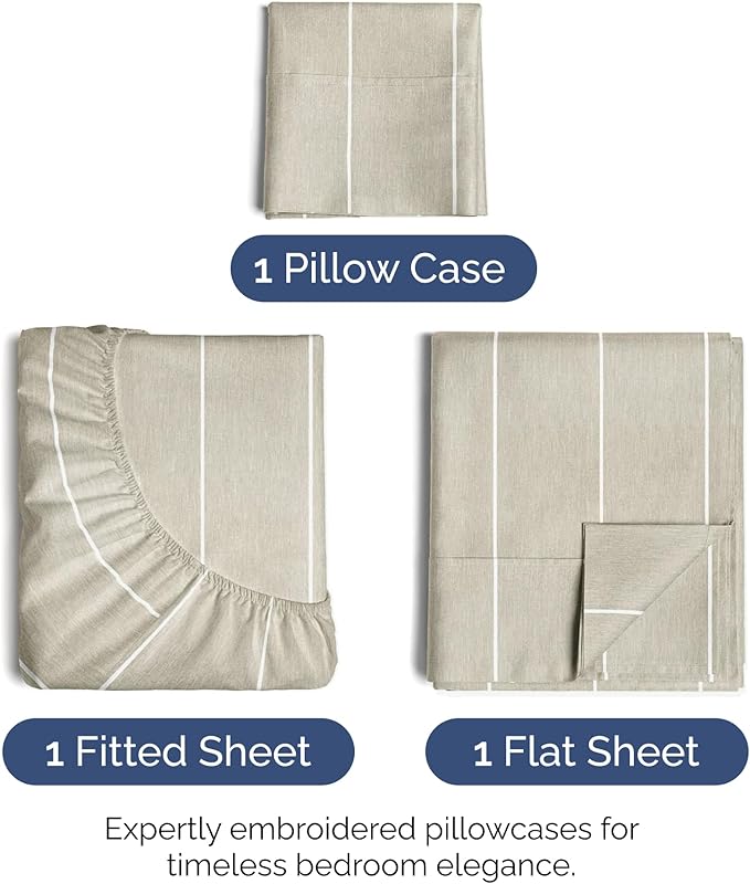 Twin XL Size 3 Piece Sheet Set - Extra Soft, Breathable & Cooling Sheets - Hotel Luxury Bed Sheets for Women & Men - Deep Pockets, Easy-Fit & Wrinkle-Free Sheets - Beige Stripes Oeko-Tex Bed Sheets