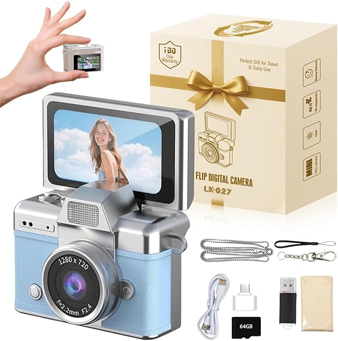 Vintage Mini Digital Camera Retro Mini Digital Video Keychain Camera Small Bodycam 1080P HD 0.96" IPS Screen Type-C 64G Card Included Portable for Photography Enthusiasts Travel (Blue)