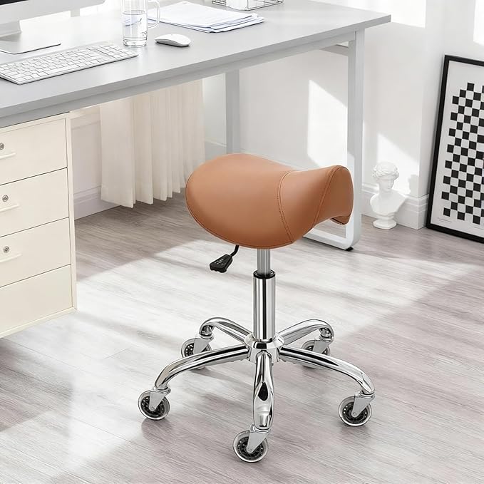 Saddle Stool, Ergonomic Saddle Chair with Wheels 450 LBS, Adjustable Height Swivel Salon Stool, Rolling Stool for Home Office Tattoo Massage Clinic Lab Beauty (Brown)