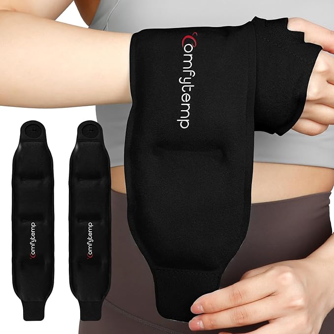 Comfytemp Wrist Ice Pack Wrap for Carpal Tunnel Relief, 2 Gel Packs, Hot Cold Compression Brace for Hand Injuries Reusable, Tenosynovitis, Recovery Items for Men Women (Black)