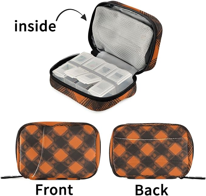 Halloween Plaid Orange Travel Pill Organizer Case Box Container Weekly Portable Vitamin Medicine Holder Storage Bag with Zipper Removable