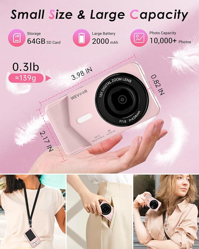 4K Digital Camera, Wevoor 64MP Point and Shoot Digital Camera with Autofocus, 18X Zoom, 20 Filters, 64GB SD Card, 2000 mAh Battery, 2.8" Screen Compact Vlogging Camera for Beginners Teens Adult(Pink)