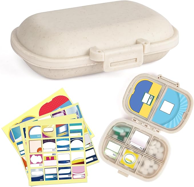 1Pack Travel Pill Organizer & 56 Medicine Name Stickers, 8 Compartments Portable Pill Case, Small Pill Box for Pocket Purse Portable Medicine Vitamin Container (Beige with Stickers)