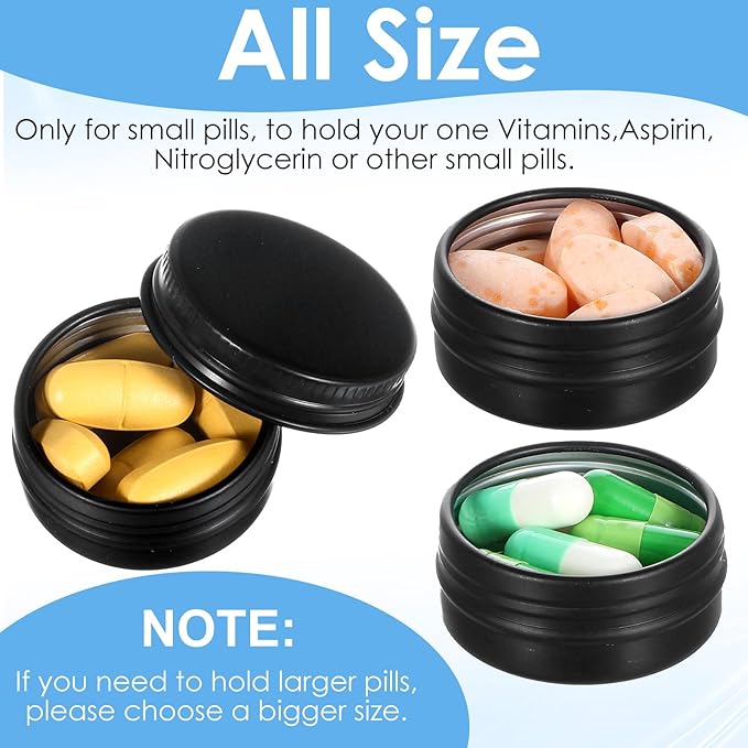 Metal Pill Organizer Box, 10 Pcs Portable Pill Case Travel Aluminum Alloy Pills Container Box for Purse Daily Medicines Storage Boxes Round Aluminum Tin Jars Containers, 10 mL, Black