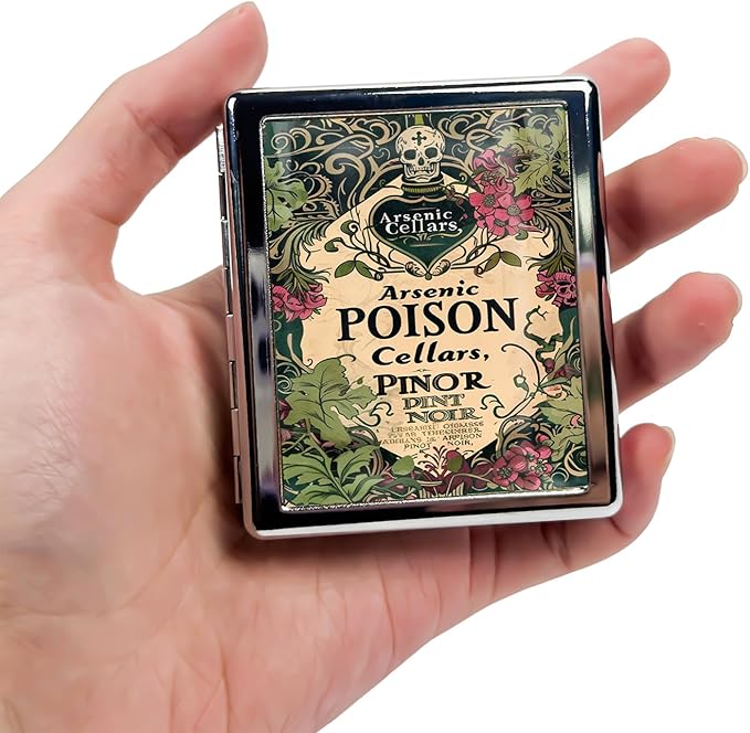 Cute Travel Pill Box Organizer with 8 Compartments - Compact and Fashionable Pill Case with Mirror - Ideal for Medications (Arsenic Poison Label)