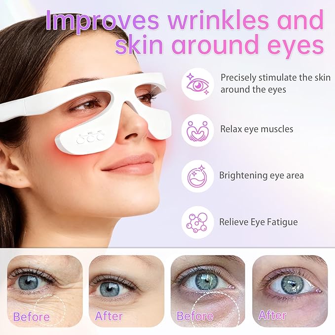 Under Eye Red Light Therapy Glasses, Reducing Dark Circles,Light Therapy, and Heat,Light Therapy, and Heat, for Eye Fatigue(White & 3 Modes)