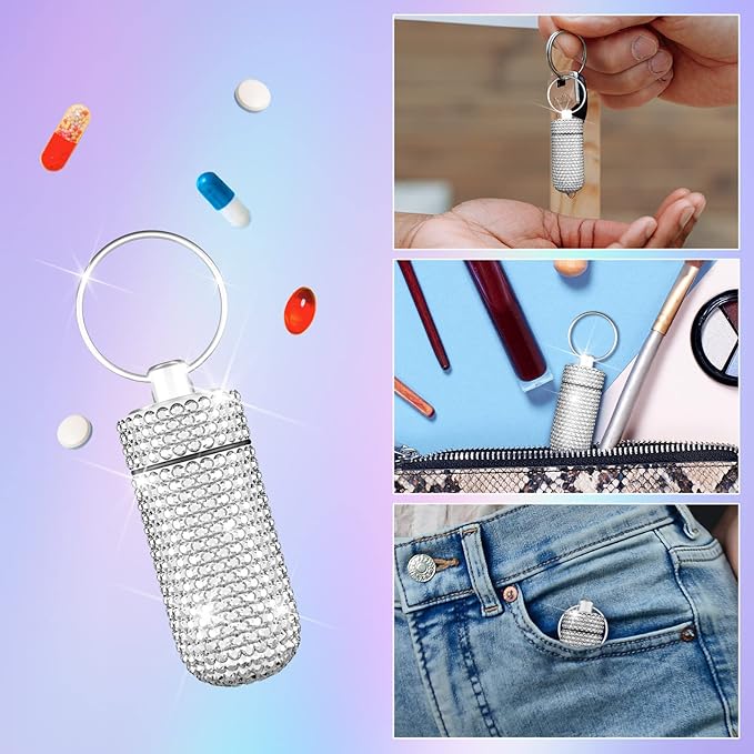 Yuchew Bling Pill Case Pill Container Rhinestone Pill Box Portable Waterproof Pocket Pill Holder Storage Bottle with Keychain for Travel, Outdoor, Camping (Silver)