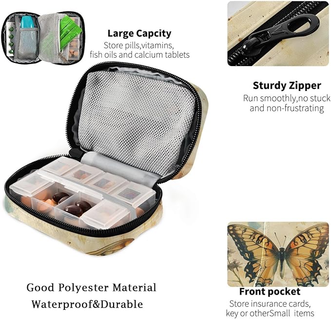Fustylead Vintage Artistic Butterfly and Flower Pill Organizer Travel Bag, Small Portable Pill Case Cute for Vitamin Fish Oil Supplements Medicine Organizer with Zipper