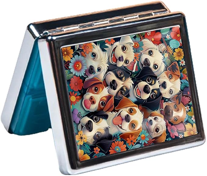 7 Days Chromed Shiny Silver Pill Organizer with Mirror Inside Has 8 Separate Compartments Rectangle 7 Days Pill Box Pill Case (Lovely Dogs)