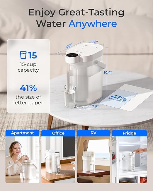 Waterdrop TDS Reduction Rechargeable Water Filter Dispenser, Retain Key Minerals, Instantly Improve Flavor, 15-Cup 5-Stage Portable Countertop Water Filtration System with 1 Filter, White