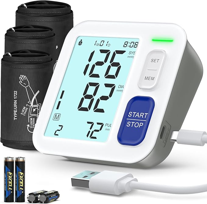 Blood Pressure Machine Upper Arm, 3 Size Cuffs Included, Small 7"-9", Medium 9"-17" and Extra Large XL Cuff 13"-21", Accurate Automatic Digital BP Monitor Home Use, Large Backlit LCD, 3 Users
