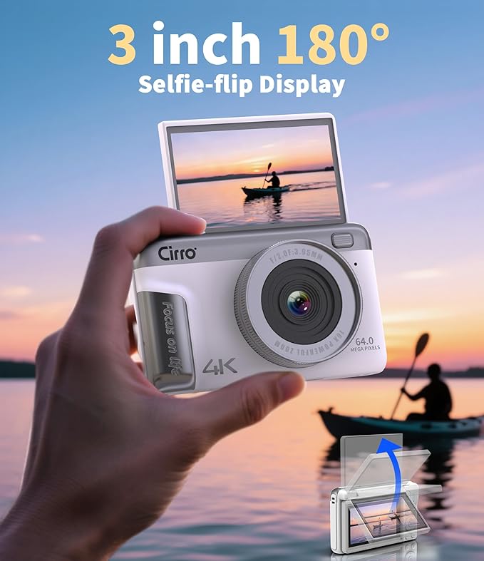 Native 4K Digital Camera Real 21MP CMOS 64MP Images| 3" Flip Screen Vlogging Camera with Built-in Microphone | 16 Retro Filters | Macro & Wide-Angle Lens Support | 32GB&OTG Included