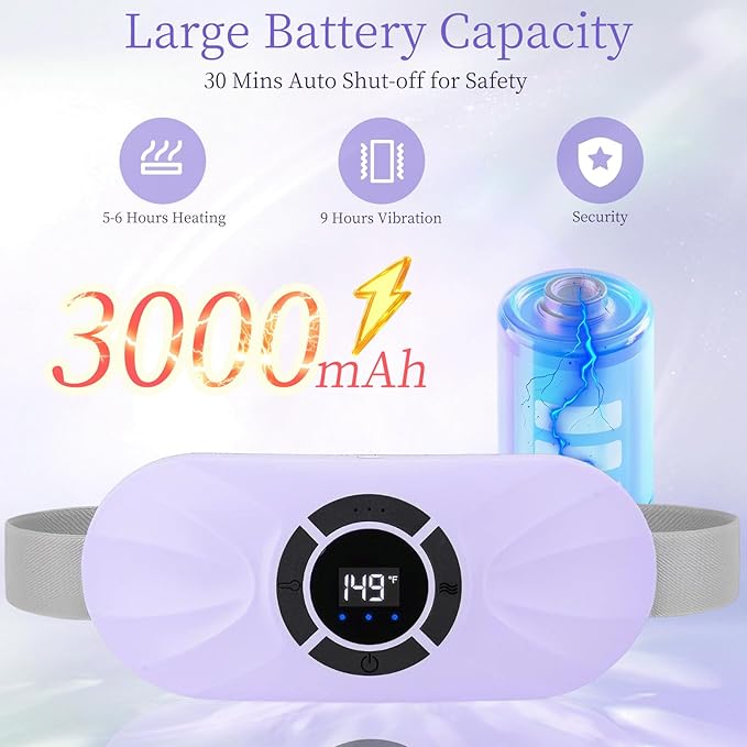Portable Heating Pad for Period Cramps Relief Vibrating Menstrual Heating Belt for Women, Rechargeable Fast Heat with 6 Heat Levels and 6 Modes for Menstrual, Pain Relief for Back & Stomach (Purple)