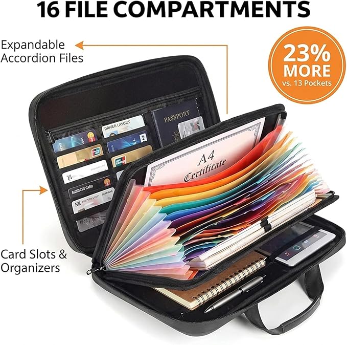 Calenzana Fireproof Document Boxes with TSA Lock, Upgraded 16 Pockets Fireproof＆Water Resistant File Organizer, Hard-Shell Safe Box for Important Certificates, Passport, Laptop