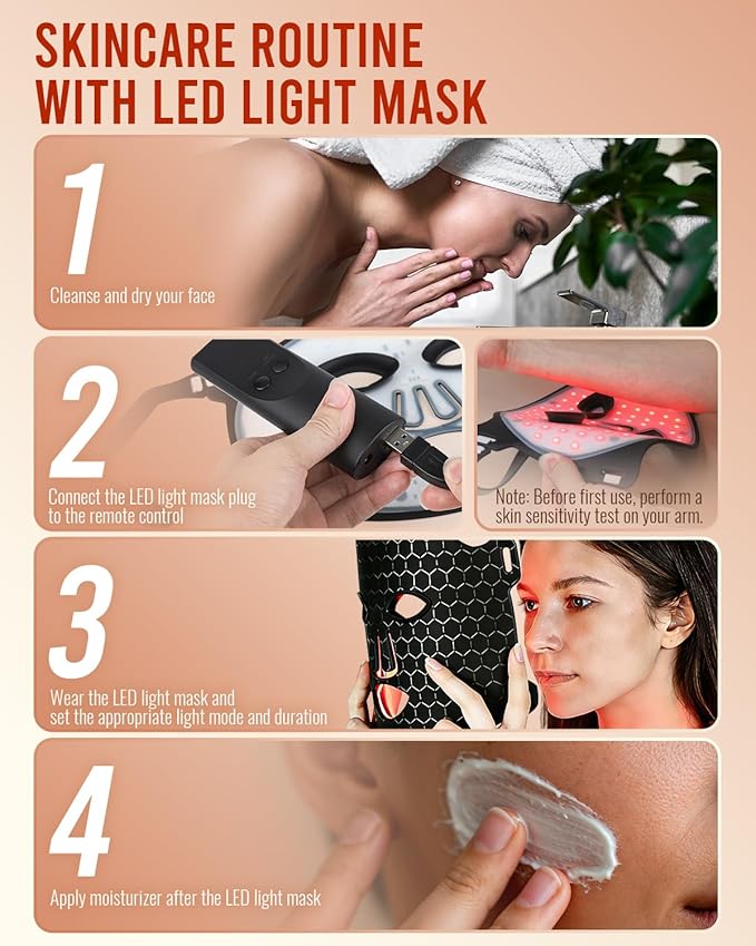 LED Light Therapy Face Mask for Full-face Wrinkles, 4 Colors Red Light Therapy Facial Mask, Rechargeable Portable for Travel and Home Use (Black)
